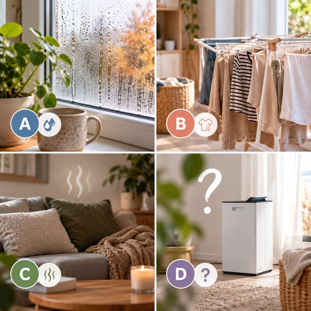 🏠 Kje pri vas najprej opazite, da je v prostoru preveč vlage?

A) 💦 Na oknih se nabira kondenz 
B) 👕 Perilo se suši celo večnost 
C) 🌫️ V prostoru je občutek zatohlosti 
D) 🤷‍♀️ Sploh ne vem, kakšna je vlažnost pri nas

Katera črka velja za vaš dom? 👇